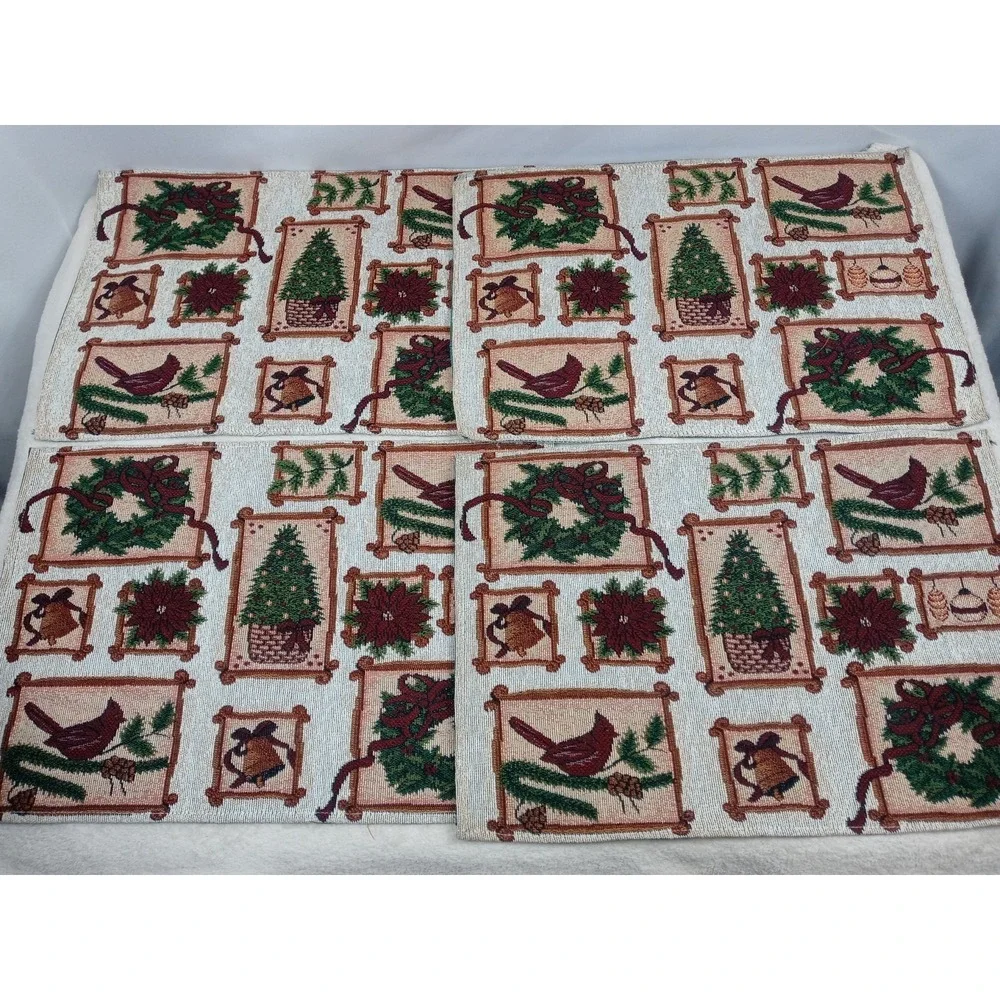 Christmas Tapestry Placemats Set of 4 Holiday Birds Wreaths Tree Bells Poinsetti